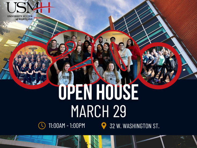 Open House, smiling students, USMH building in the background.