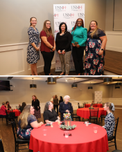 scholarship winners, 5 women, posing in front of a USMH sign