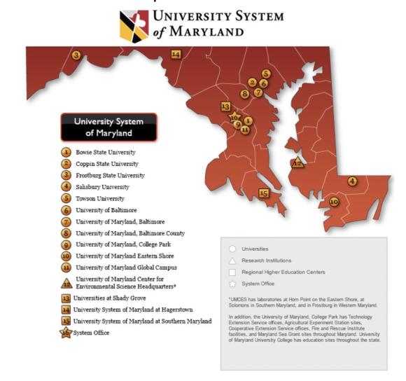 Map of Maryland listing all University System of Maryland partnering institutions (Frostburg State University, Salisbury University, Towson University, University System of Maryland Global Campus, University of Maryland Eastern Shore).