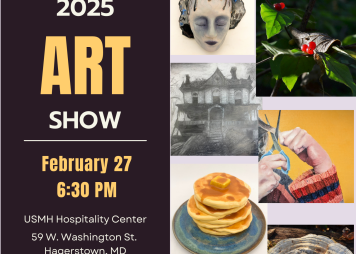 Art Show Poster, square pics of an art collage, lavender background 