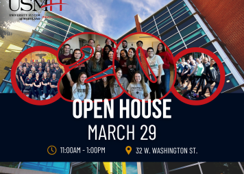 Open House, smiling students, USMH building in the background.